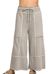 Plus French Terry Washed Wide Leg Pants in Sleet by Zenana