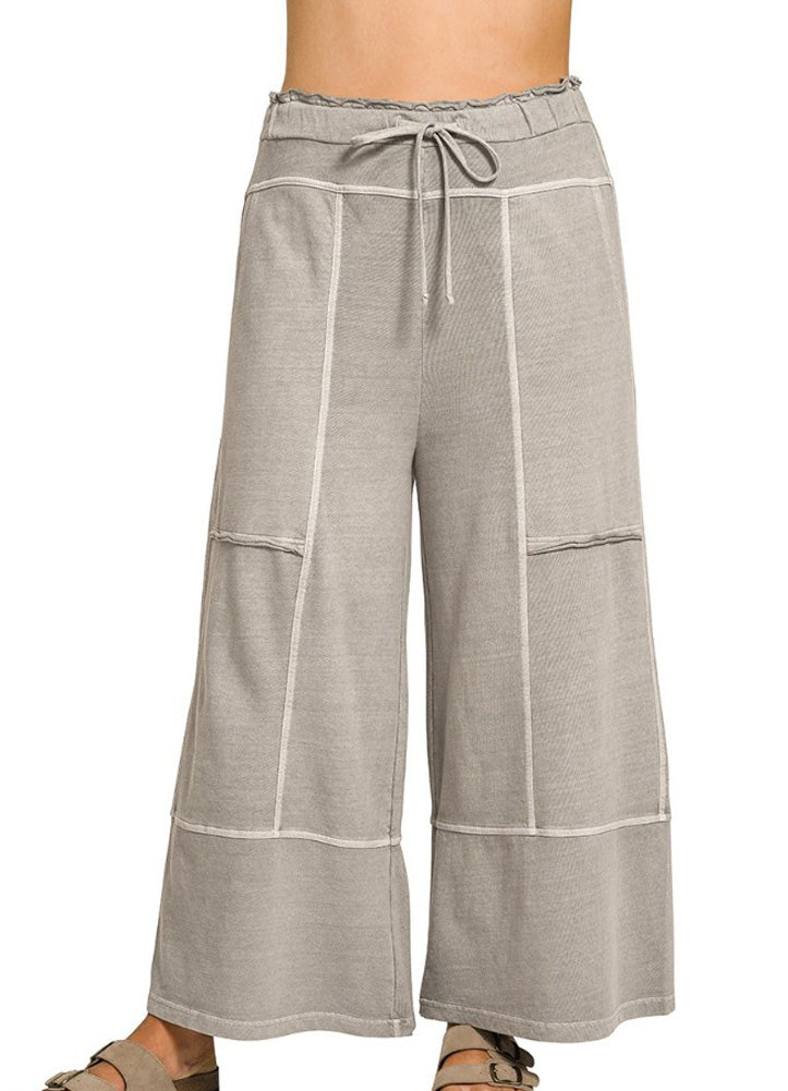 Plus French Terry Washed Wide Leg Pants in Sleet by Zenana