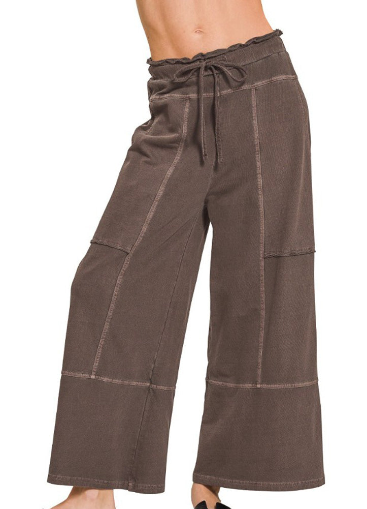 French Terry Washed Wide Leg Pants in Chocolate by Zenana