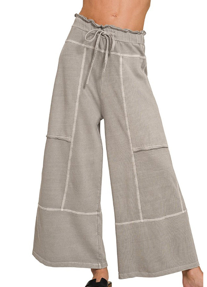 French Terry Washed Wide Leg Pants in Sleet by Zenana