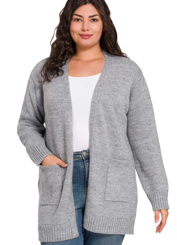 Plus Open Front Cardigan in Heather Grey by Zenana