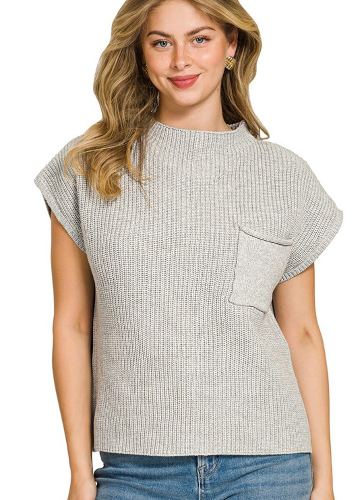 Mock Neck SS Sweater in Heather Grey by Zenana