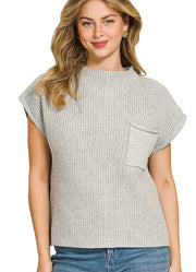 Mock Neck SS Sweater in Heather Grey by Zenana