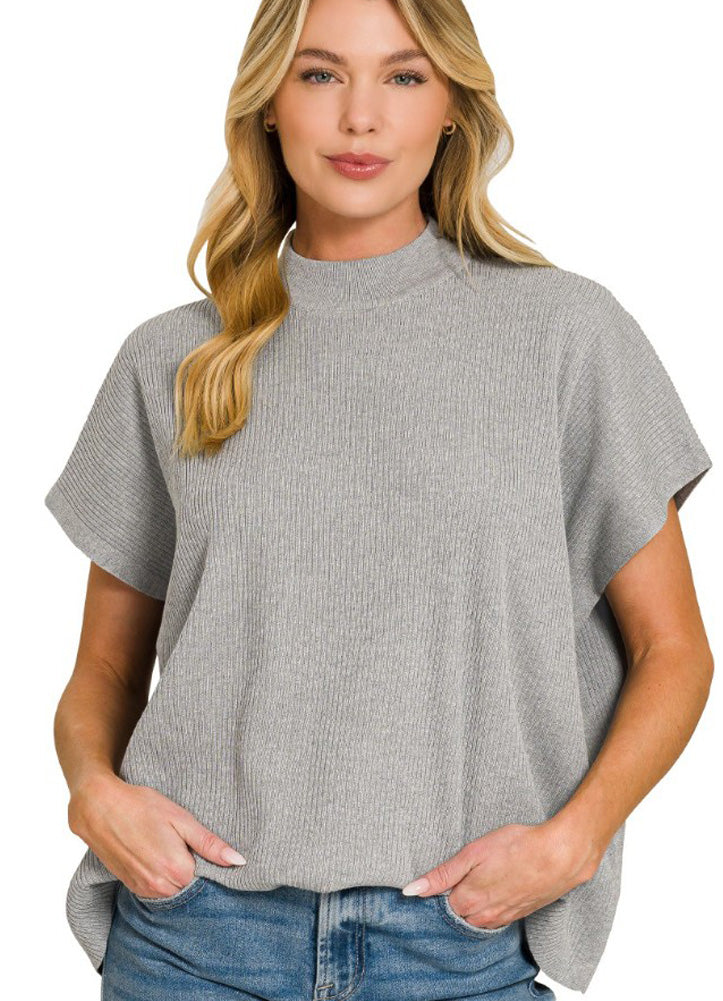 Viscose Mock Neck SS Boxy Sweater in Heather Grey by Zenana