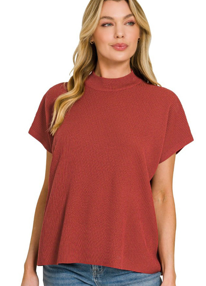 Viscose Mock Neck SS Boxy Sweater in Rust by Zenana