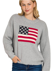 American Flag Crew Neck Sweater in Heather Grey by Zenana