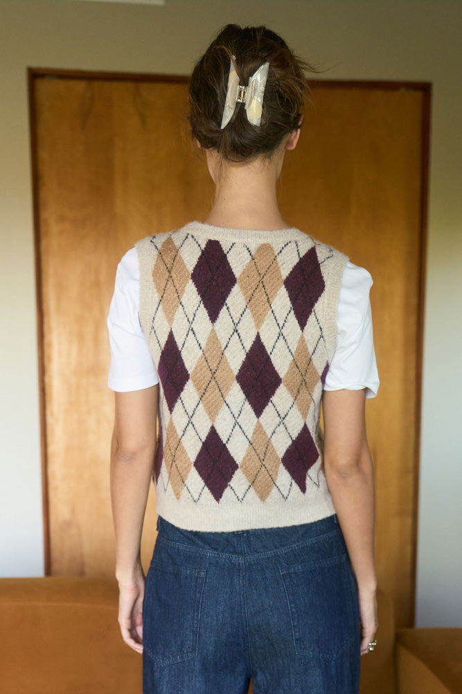 Argyle Pattern Knit Cardigan Vest in Light Khaki by Blu Pepper