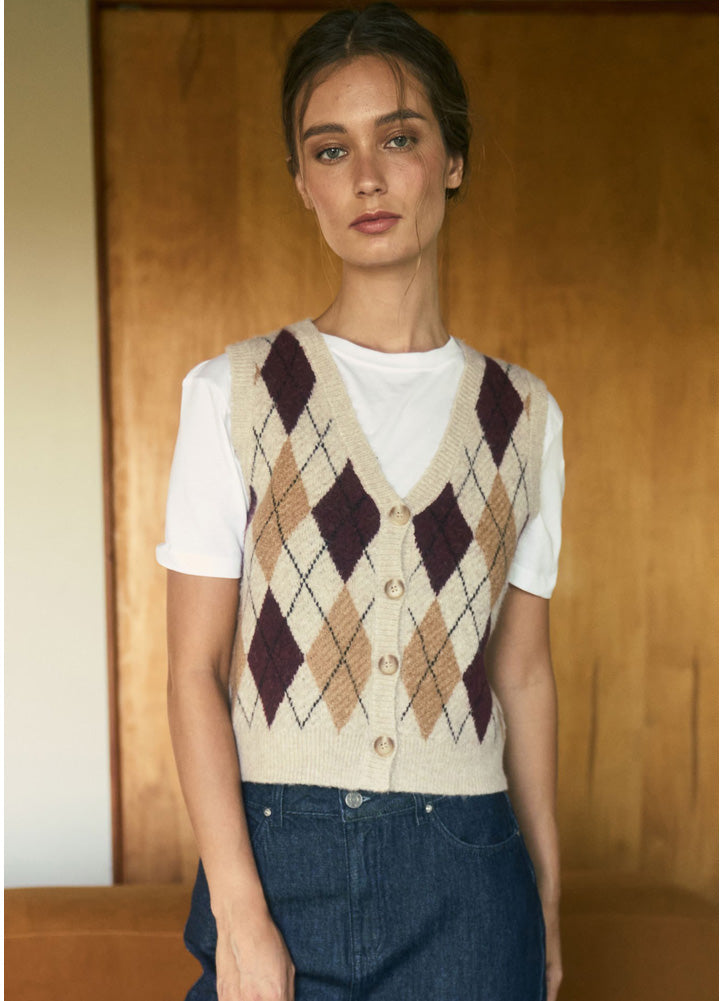 Argyle Pattern Knit Cardigan Vest in Light Khaki by Blu Pepper
