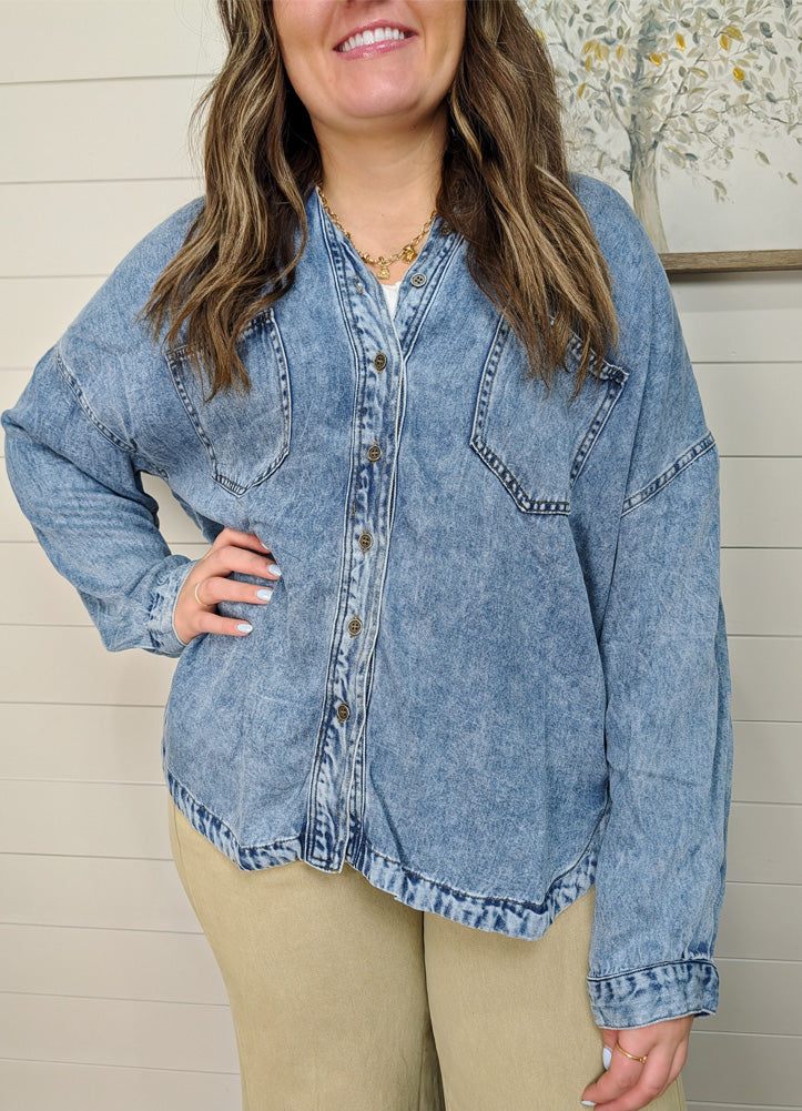 Washed Chambray Button Down LS by Blu Pepper