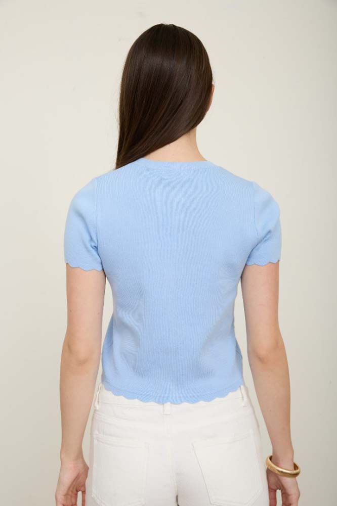 Scalloped SS Button Down Knit Cardigan in Dusty Blue by Blu Pepper