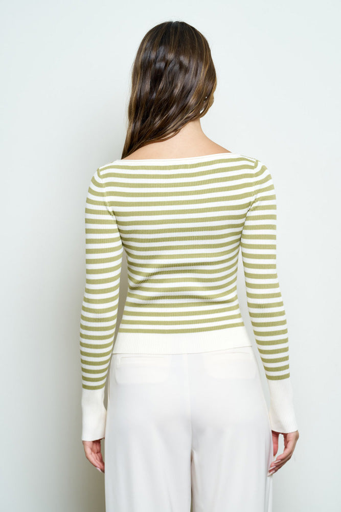 Boat Neck Stripe Ribbed LS Sweater Top in Light Olive by Blu Pepper