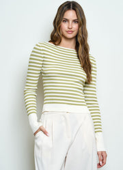 Boat Neck Stripe Ribbed LS Sweater Top in Light Olive by Blu Pepper