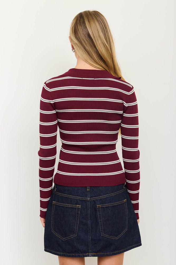 Stripe SB Ribbed Polo Knit Sweater Top in Oxblood by Blu Pepper