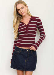 Stripe SB Ribbed Polo Knit Sweater Top in Oxblood by Blu Pepper
