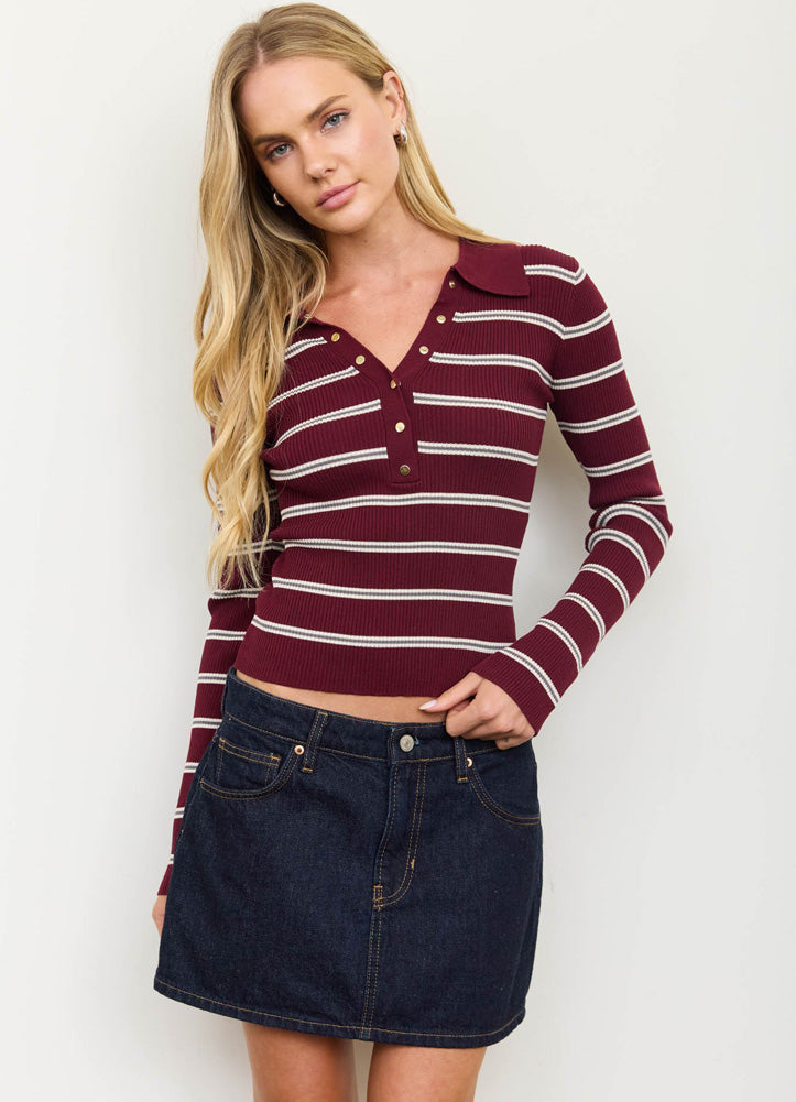Stripe SB Ribbed Polo Knit Sweater Top in Oxblood by Blu Pepper