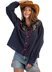 Western Embroidered Button Down Shirt in Western Navy by eesome