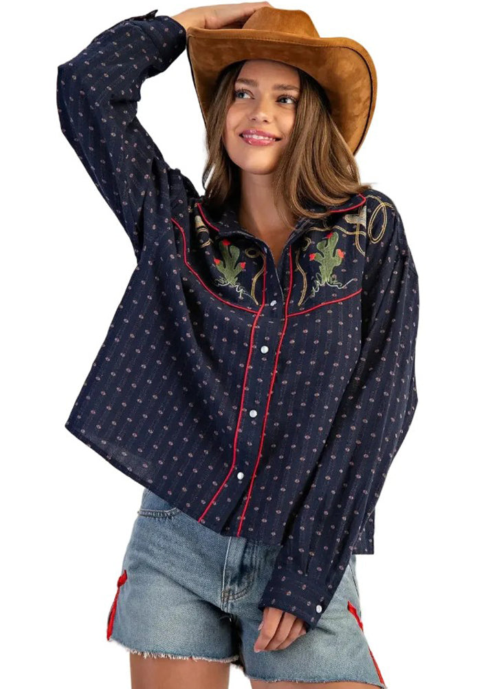 Western Embroidered Button Down Shirt in Western Navy by eesome