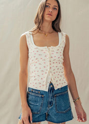 Button Front Ribbed Knit Tank Top in Ivory Floral by Urban Daizy