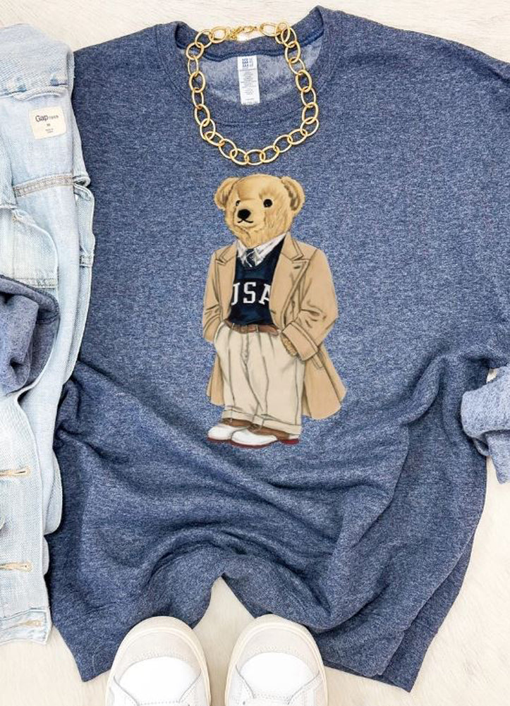 Trendy USA Bear Sweatshirt in Heather Navy by Hart and Hollow