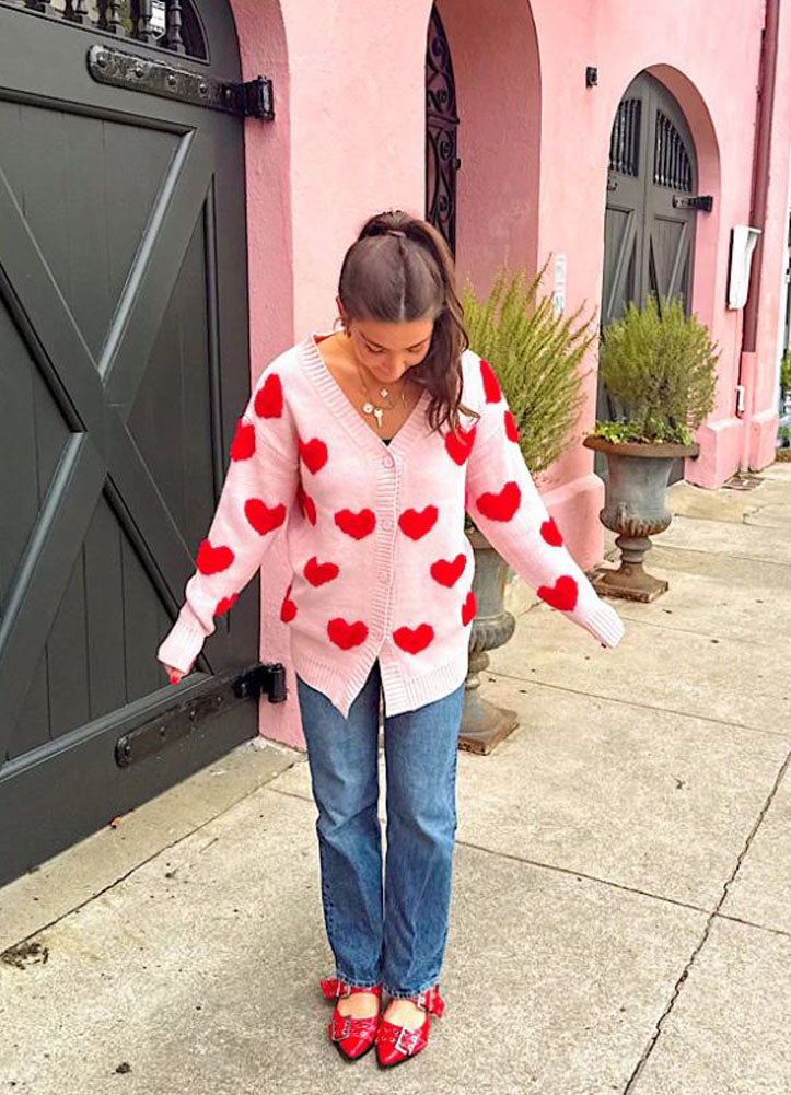 Long Light Pink Heart Cardigan by Nash Grey