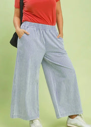 Plus Stone Wash Stripe Wide Leg Pants in Denim by Umgee