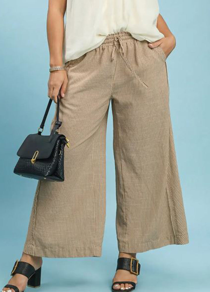 Plus Linen Blend Striped Wide Leg Pants in Tan by Umgee
