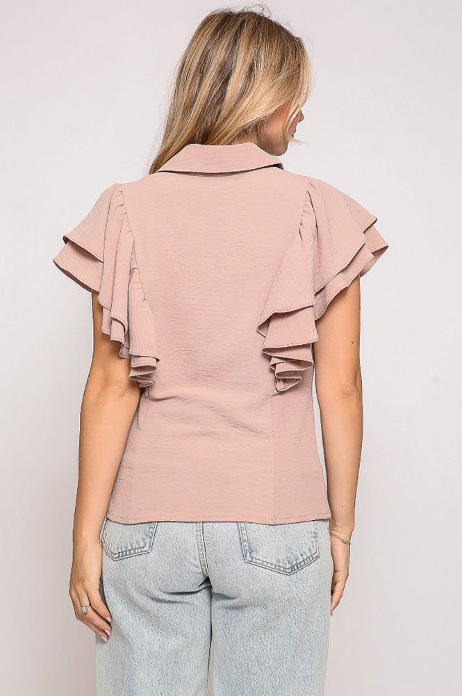 Ruffle Sleeve Button Down Collared Blouse in Taupe by Timing