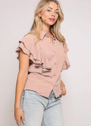 Ruffle Sleeve Button Down Collared Blouse in Taupe by Timing