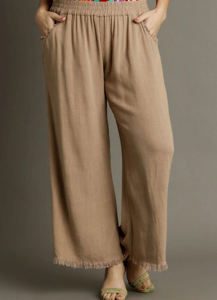 Plus Frayed Hem Wide Leg Pants in Latte by Umgee