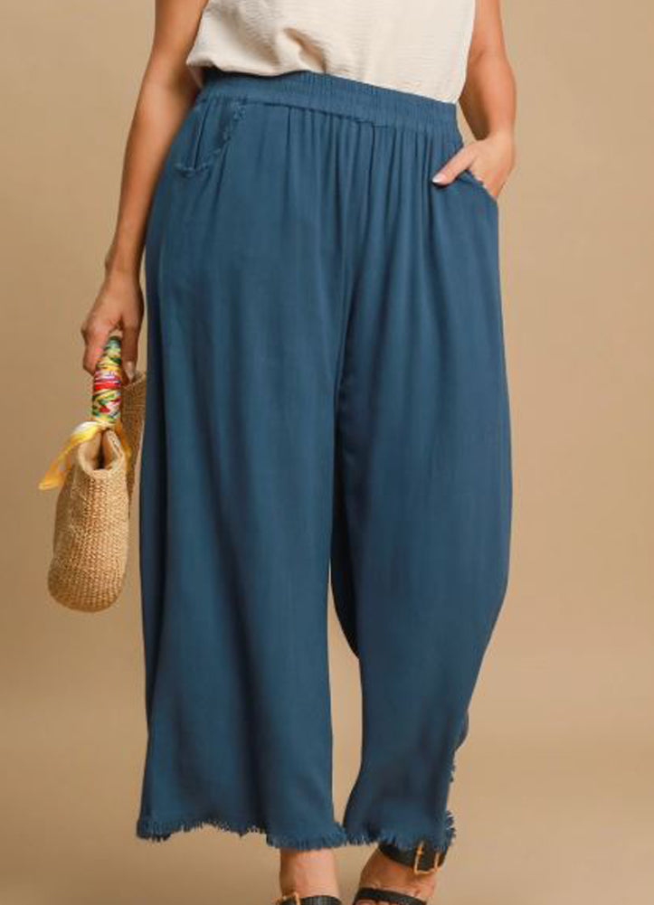 Plus Frayed Hem Wide Leg Pants in Slate Blue by Umgee