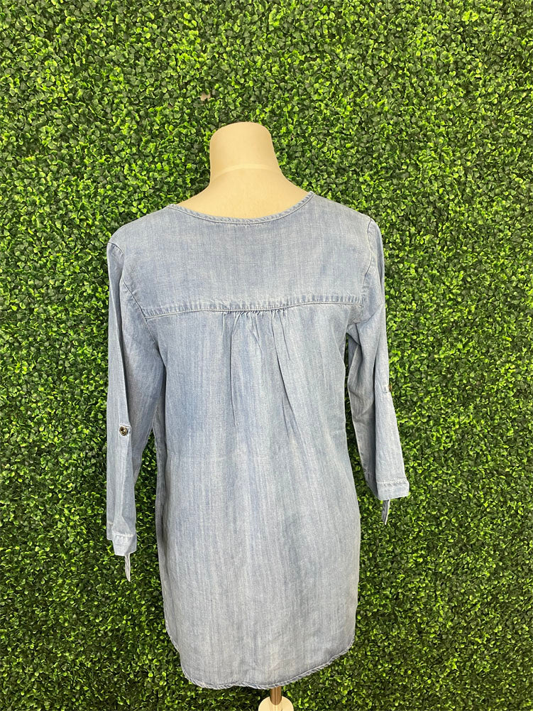 V Neck 3/4 Sleeve Chambray Tunic by Keren Hart