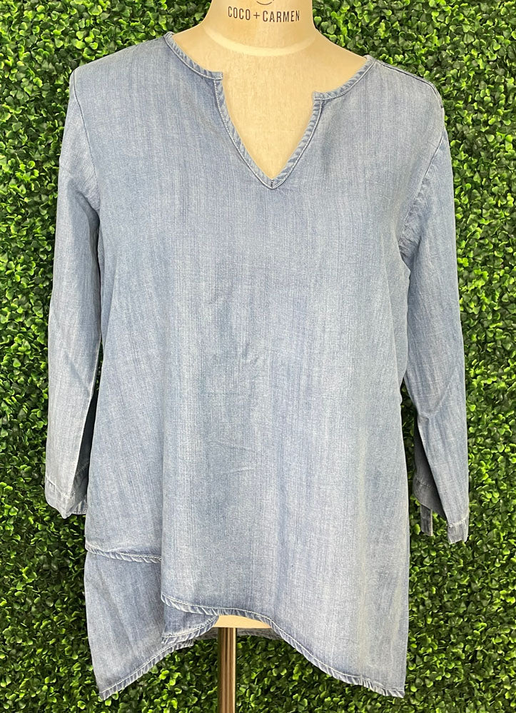 V Neck 3/4 Sleeve Chambray Tunic by Keren Hart
