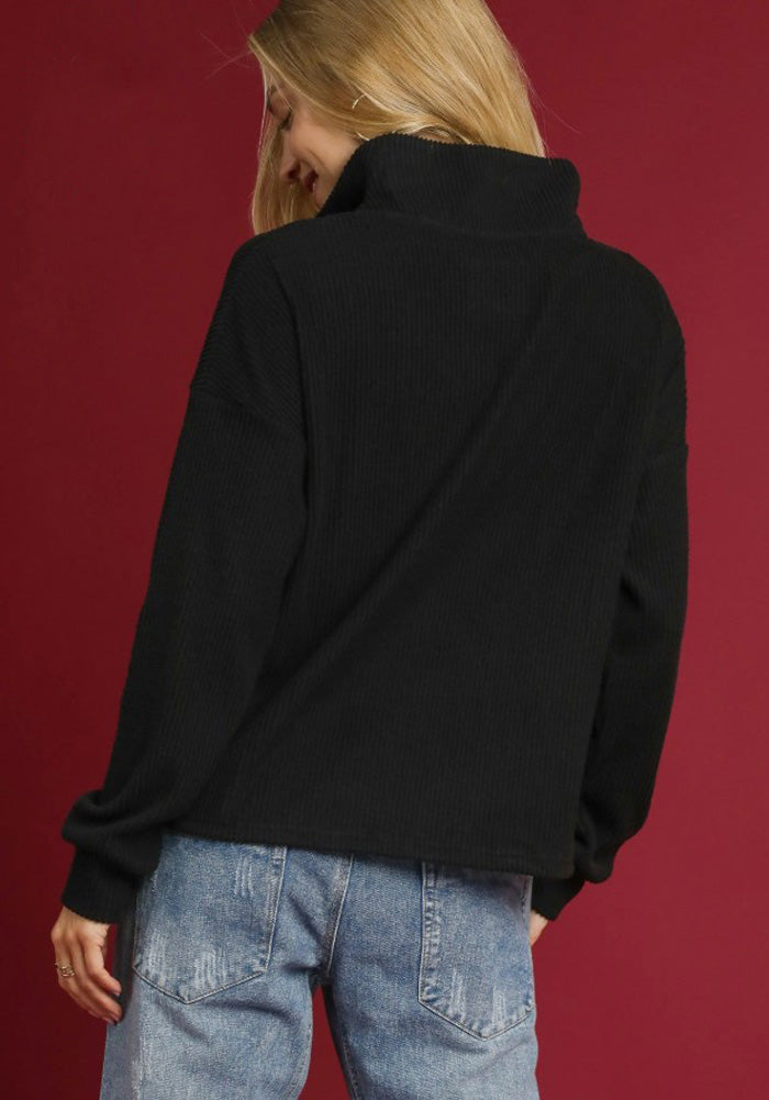 Ribbed Half Zip Pullover in Black by Umgee