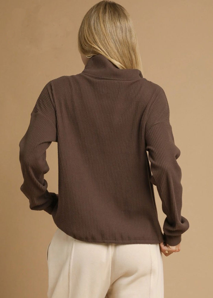 Ribbed Half Zip Pullover in Chocolate by Umgee