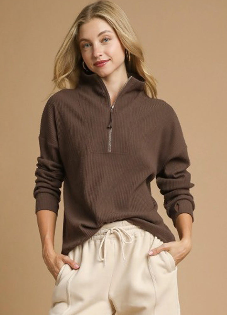 Ribbed Half Zip Pullover in Chocolate by Umgee