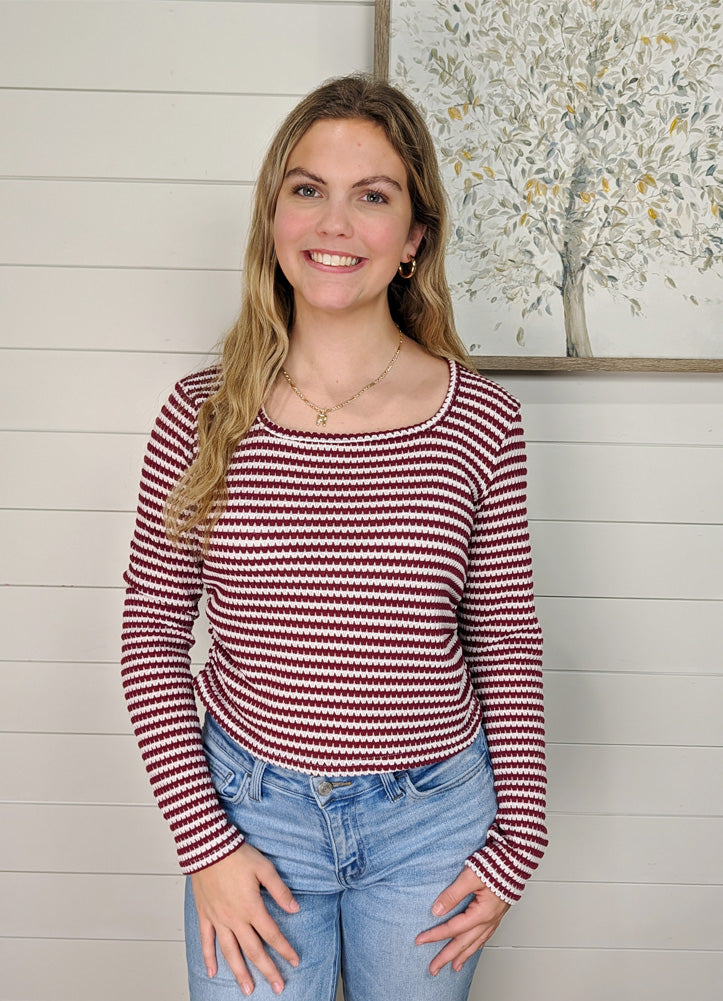 Striped Fitted Cotton Knit Top in Burgundy by Lovesoft