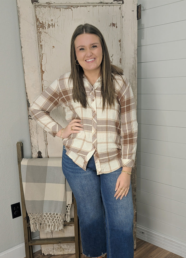 Plaid Button Up Roll Sleeve Top in Brown by Keren Hart