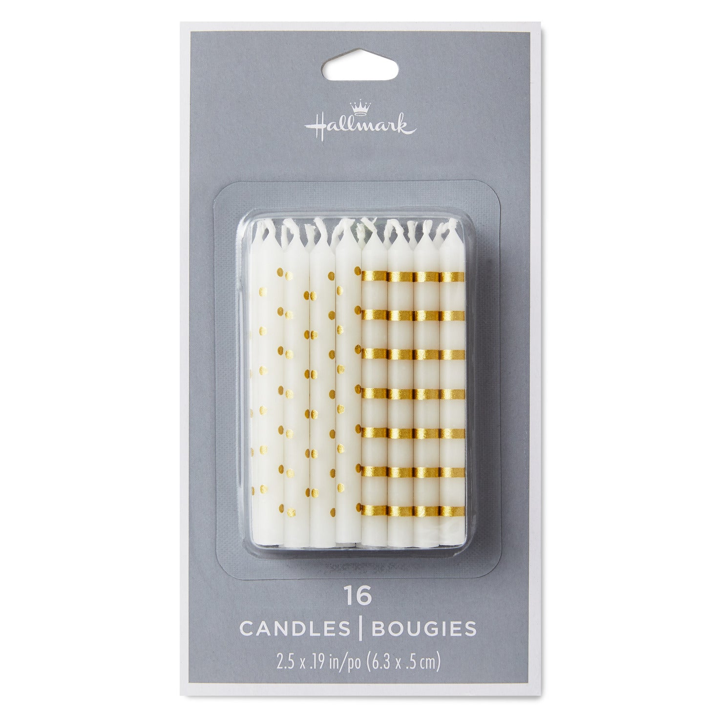 Hallmark Gold Stripes and Polka Dots on White Birthday Candles, Set of 16