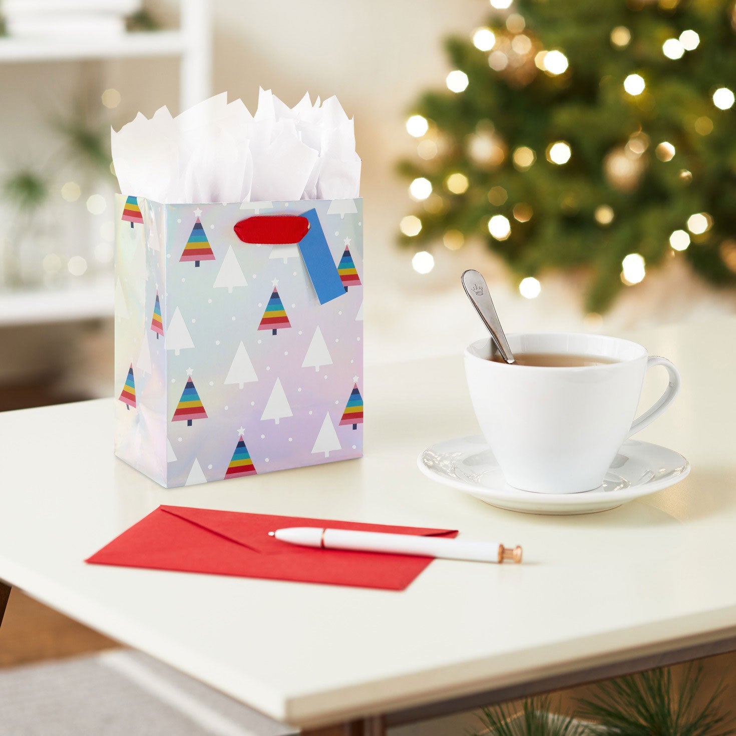 Hallmark 6.5'' Rainbow Trees on Iridescent Silver Small Christmas Gift Bag