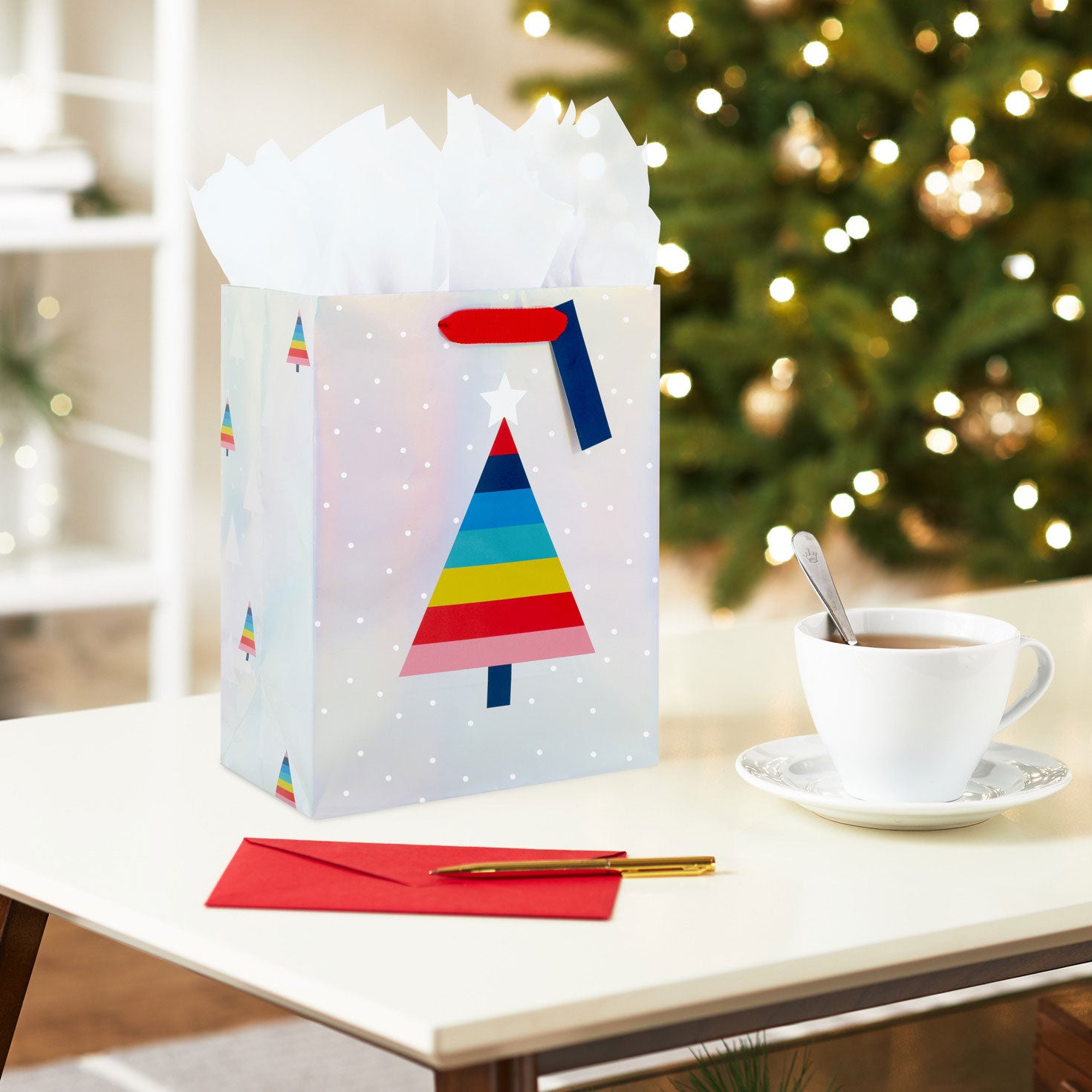 Hallmark 9.6'' Rainbow Stripe Tree Medium Christmas Gift Bag