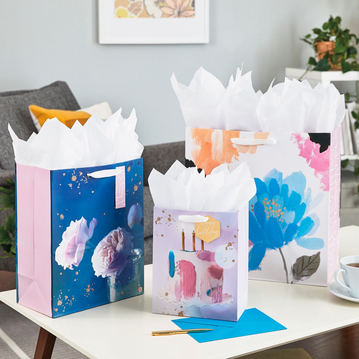 Hallmark 13'' Pink Peonies on Blue Large Gift Bag
