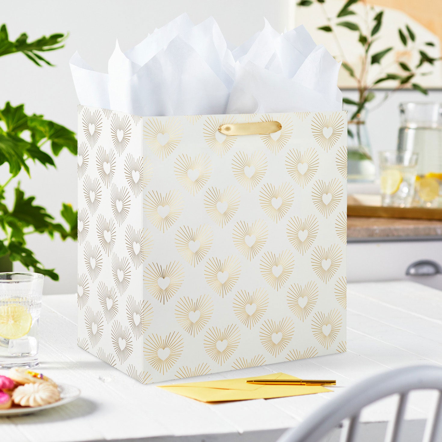 Hallmark 15'' Gold Hearts on White Extra-Deep Gift Bag