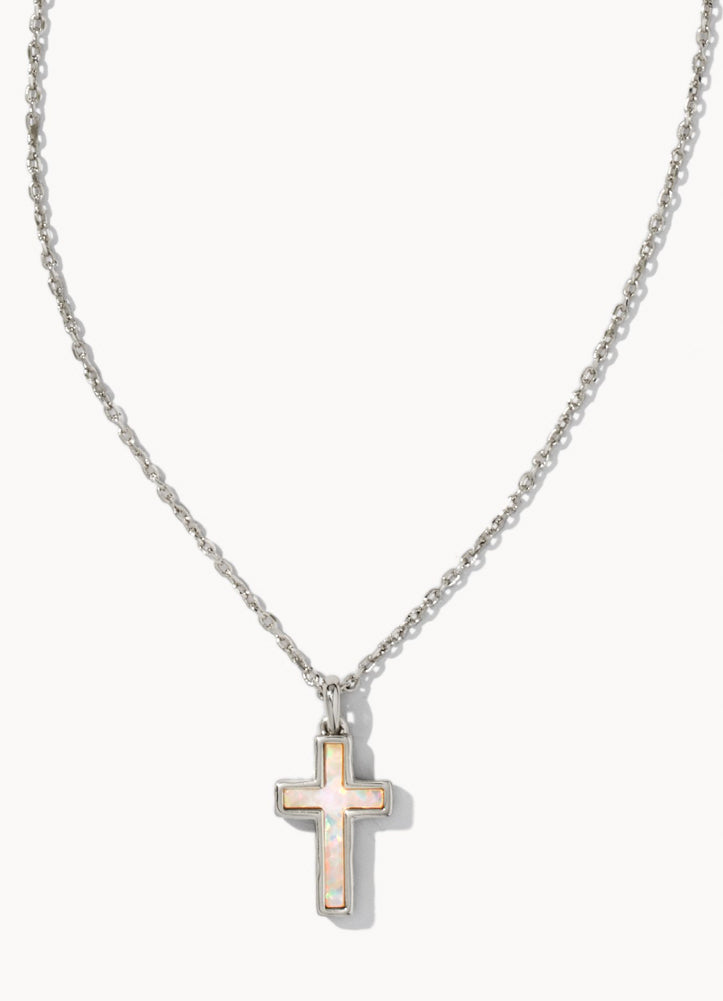 Cross Pendant Necklace Rhodium White Opal by Kendra Scott