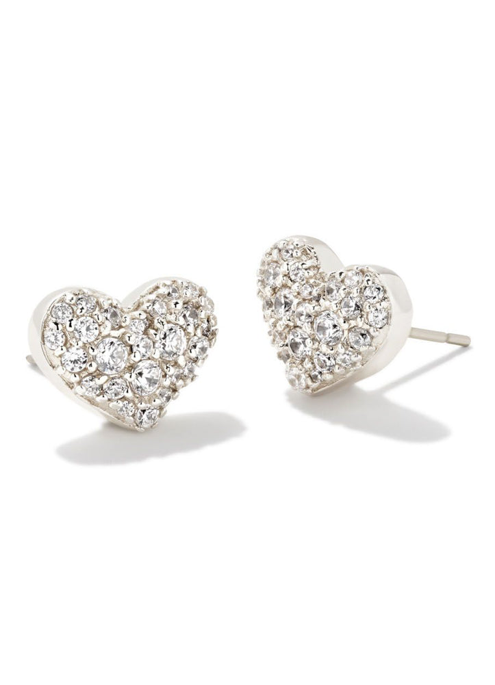 Ari Pave Crystal Heart Earrings in Rhodium Metal/White CZ by Kendra Scott