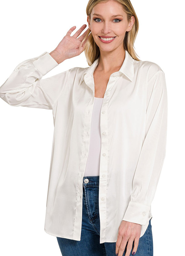 Satin Button Front Shirt in Ivory by Zenana – Martin's