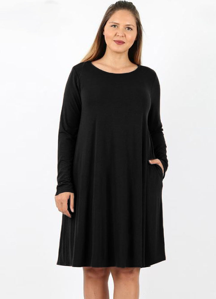Plus L/S Flare Dress in Black by Zenana